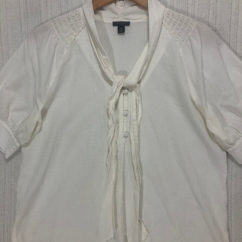 Ann Taylor Petite White Tie Neck Smocked Shoulder Puff Sleeve Blouse MP